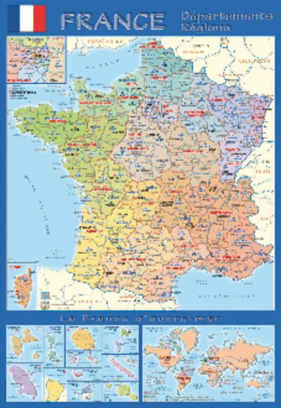 Carte administrative murale de la France - régions et départements - Agt