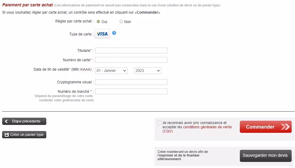 Etape commande - paiement carte achat