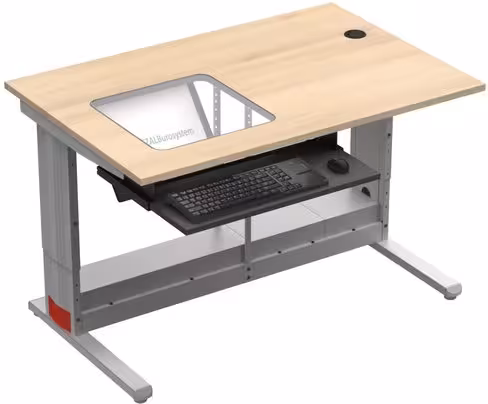 Table informatique Format + - écran encastré sous verre - 140 x 80 cm - piétement réglable T4 à T7
