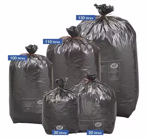 Sac à déchets courants 130 l - ép. 33 µm - lien fixe - noir - 1 carton de 100