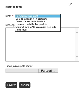 Liste déroulante affichant les motifs disponibles : [Selectionner un motif], [Bon de livraison non conforme], [Erreur d'adresse de livraison], [Livraison partielle des produits], [Matériel livré MAIS prestation non faite] [Autre motif]... Formulaire avec champ pièce jointe et boutons Envoyer et Annuler