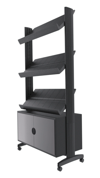 Présentoir mobile avec réserve - polystyrène et métal - 3 tablettes simple face - 9 formats A4 - noir