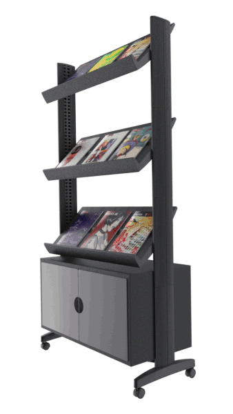 Présentoir mobile avec réserve - polystyrène et métal - 3 tablettes simple face - 9 formats A4 - noir