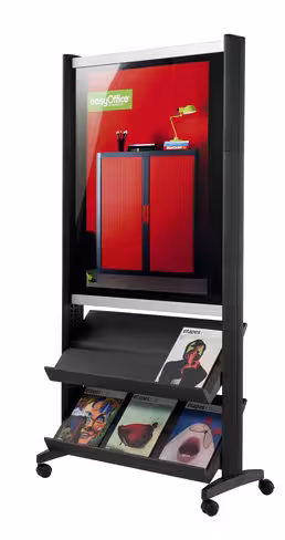 Présentoir mobile Poster - polystyrène et métal - 2 tablettes simple face - 1 porte-affiche - format A1 - noir