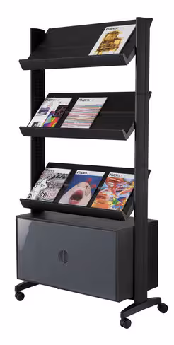 Présentoir mobile avec réserve - polystyrène et métal - 3 tablettes simple face - 9 formats A4 - noir