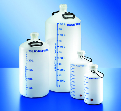 Bonbonne PEHD 10 l avec filetage robinet col étroit hauteur 427 mm Ø ext 206 mm graduations bleues