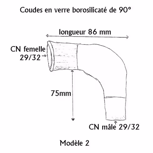 Raccord en verre borosilicaté coudé à 90° rodage femelle et male 29/32 longueur 86 mm