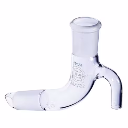 Allonge à distiller coudée avec tube de recette pour prise d air pour permettre une ventillation rodage F 19/26-rodage M