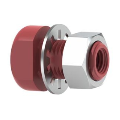 Union basse pression 1/4-28 fond plat peek naturel, passe-cloison + écrou/rondelle inox