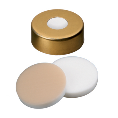 Capsule 20 mm crimp caps white silicone/ptfe tan 3,2 mm 45° magnetic caps gold 8 mm center hole x 1000