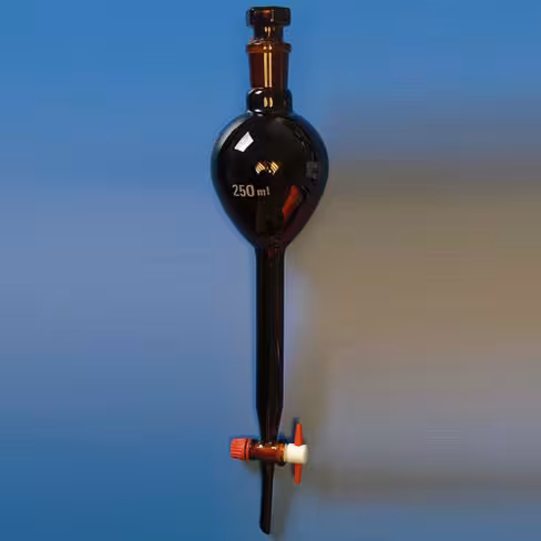 Ampoule à décanter sphérique type GILSON verre brun (inactinique) Duran clé PTFE 125 ml Rodage 19/26