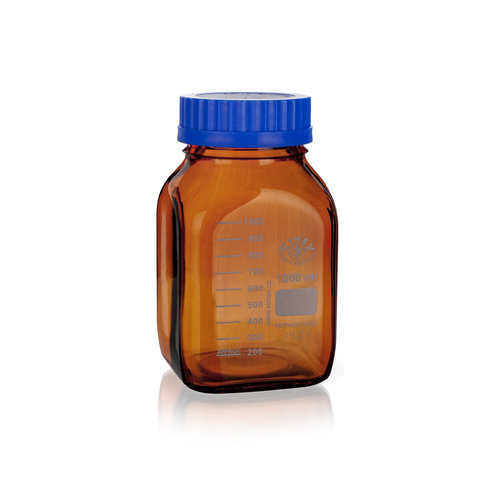 Flacon gradué ISO GL80 bague déversement et bouchon inclus verre borosilicaté 3.3 ambré 5000 ml