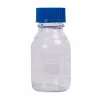 Flacon 250 ml col GL 45 verre borosilicaté 3.3 avec bouchon et bague anti goutte en PP bleu gradué x 10