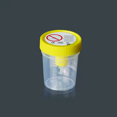Conteneur d urine 120 ml pp tanslucide bouchon à vis jaune emballage individuel stérile x 250