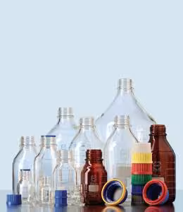 Flacon rond verre borosilicaté 3.3 ambré gradué sans bouchon à vis GL 45 250 ml Ø ext 70 mm hauteur 138 mm