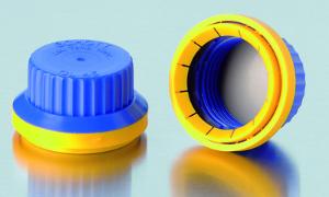 Capuchon avec bague d´inviolabilité PP pour flacons de laboratoire GL 45 bleu rouge x 10