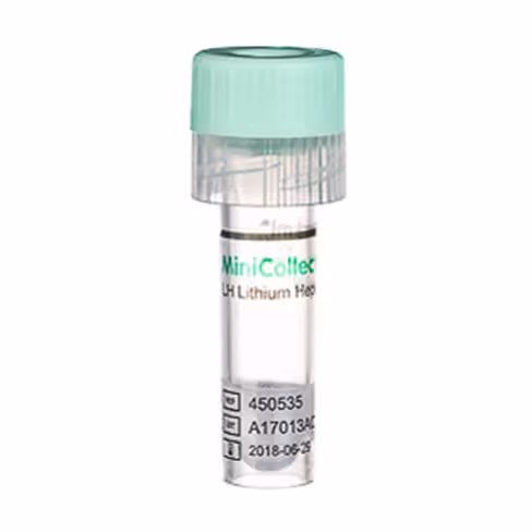 Tube MINICOLLECT hl 0,8 ml lithium héparine gel séparateur bouchon vert cap percing pulvérisé à sec x 10 racks 50
