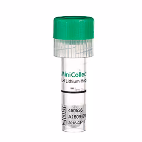 Tube MINICOLLECT hl 0,5 ml lithium héparine bouchon vert cap percing pulvérisé à sec x 10 racks de 50