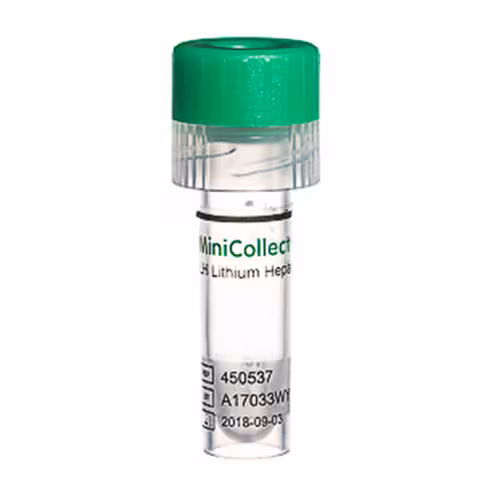 Tube MINICOLLECT hl 1ml lithium héparine bouchon vert cap percing pulvérisé à sec x 10 racks de 50