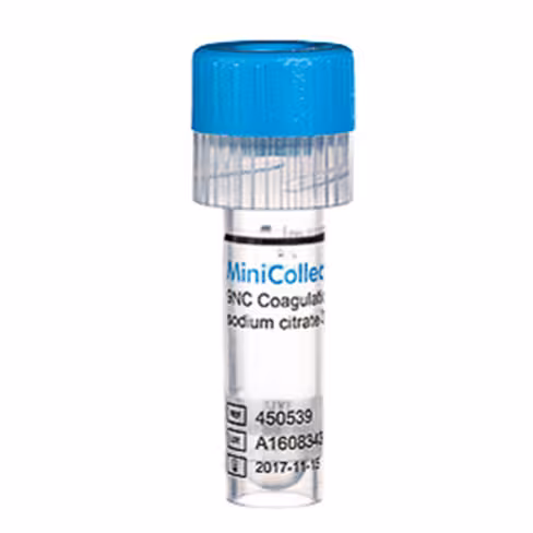 Tube MINICOLLECT 9nc 1ml coagulation citrate de sodium 3,2% bouchon bleu cap percing réactif liquide x 10 racks 50