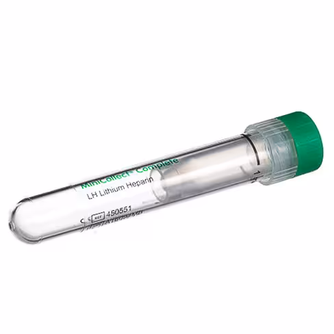 Tube MINICOLLECT hl complete 1 ml lithium héparine bouchon vert cap percing pulvérisé à sec x 10 racks de 50