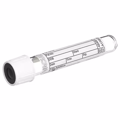 Tube VACUETTE z 4 ml sans additif 75 x 13 mm bouchon vissant blanc bague noire etiquette papier x 24 racks de 50
