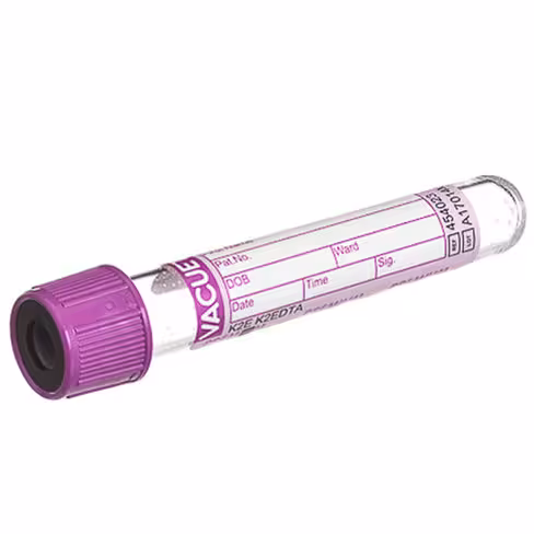 Tube VACUETTE edta k2 4 ml 75 x 13 mm bouchon vissant lavande bague noire étiquette papier x 24 racks de 50