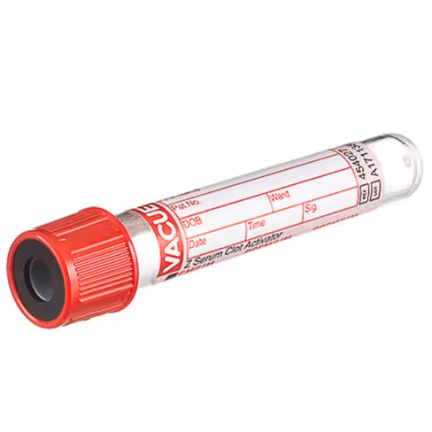 Tube VACUETTE z 4,5 ml sérum activateur coag 75x13 mm bouchon vissant rouge bague noire etiq papier x 24 racks 50