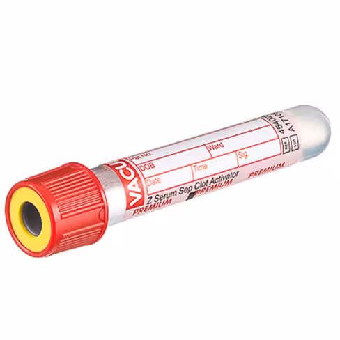 Tube VACUETTE z 2,5 ml sérum activ coag avec gel pédiatr 75x13 mm bouchon vissant rouge bague jaune x 24 racks de 50