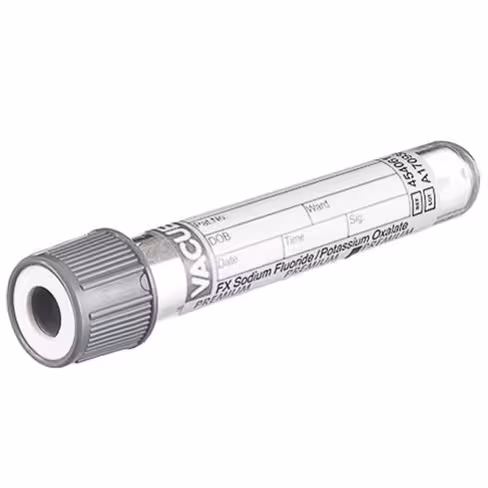 Tube VACUETTE fx 2ml fluoru sodium/ oxalate potas 75 x 13 mm bouchon vissant gris bague blanche étiq papier x 24 racks 50
