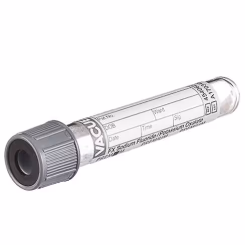 Tube VACUETTE fx 4 ml fluorure sodium/oxalate potas 75x13 mm bouchon vissant gris bague noire étiq papier x 24 rack 50