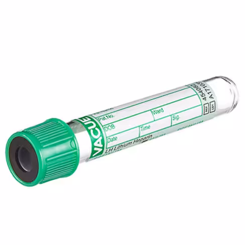 Tube VACUETTE hl 3 ml héparine de lithium 75 x 13 mm bouchon vissant vert bague noire étiquette papier x 24 racks 50