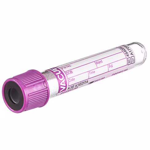 Tube VACUETTE edta k3 3ml 75 x 13 mm bouchon vissant lavande bague noire étiquette papier x 24 racks de 50