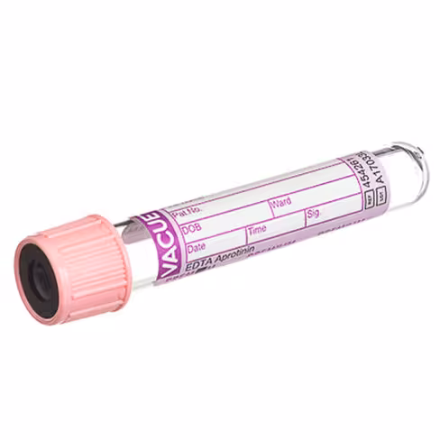 Tube VACUETTE appro 4 ml edta aprotinine 75x13 mm bouchon vissant rose bague noire étiquette papier x 24 rack de 50