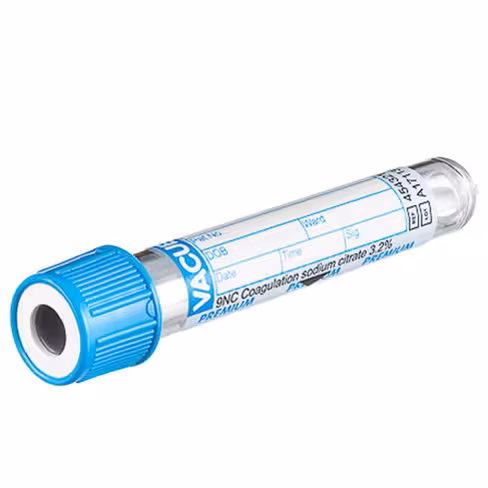 Tube VACUETTE 9 nc 2 ml cit sod 3,2% dble paroi péd 75x13 mm bouch vissant bleu bague blanc étiq papierx 24 racks 50