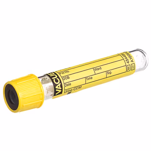 Tube VACUETTE urine ccm 4 ml 75x13 mm bouchon jaune bague noire base ronde non vissant x 24 racks de 50