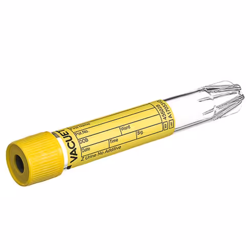 Tube VACUETTE 9 ml z urine ss additif fond conique 16 x 100 mm bouchon non vissant jaune bague jaune x 24 racks de 50