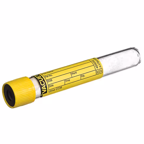 Tube VACUETTE urine ccm 10,5ml 16x100 mm fond rond bouchon non vissant jaune bague noire x 24 racks de 50