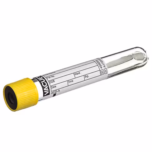 Tube VACUETTE acd-a 9ml 100x16 mm bouchon non vissant jaune bague blanche étiquette papier x 24 racks de 50