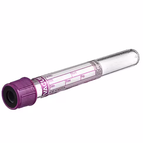 Tube VACUETTE edta k3 6 ml 13x100mm bouchon vissant lavande bague noire étiquette papier x 24 racks de 50