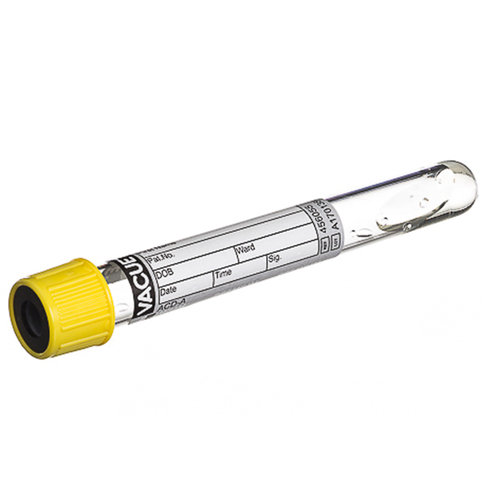 Tube VACUETTE acd-a 6 ml 100x13 mm bouchon vissant jaune bague noire étiquette papier x 24 racks de 50
