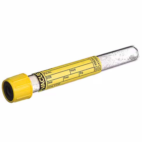 Tube VACUETTE urine ccm 6ml 13x100 mm fond rond bouchon non vissant jaune bague noire x 24 racks de 50