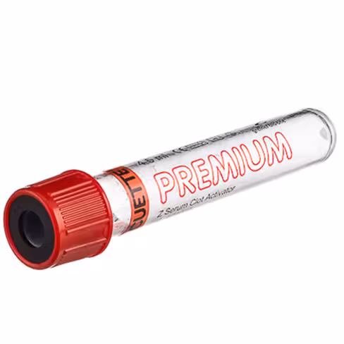 Tube VACUETTE z 4,5 ml sérum activateur coag étiq transp 13x75mm bouch. vissant rouge bague noire x 24 racks 50