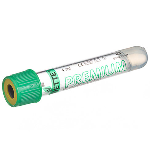 Tube VACUETTE hl 3,5 ml héparine lithium av gel étiq transp 13x75 mm bouchon vissant vert bague jaune x 24 racks 50