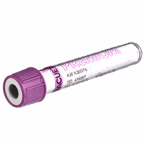Tube VACUETTE edta k3 2 ml 13x75 mm bouchon vissant mauve bague blanche étiquette transparente x 24 racks 50