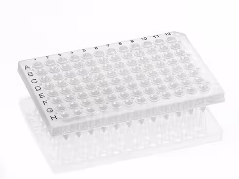 Plaque PCR 96 puits universelle semi-jupée, moulée en une pièce, puits transparents marquage noir, coin coupé a 12