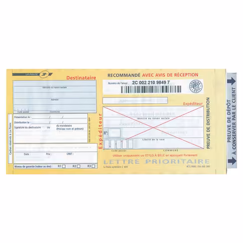 Imprimé recommandé liasse guichet - avec AR - La Poste - SGR2 - boîte de 100
