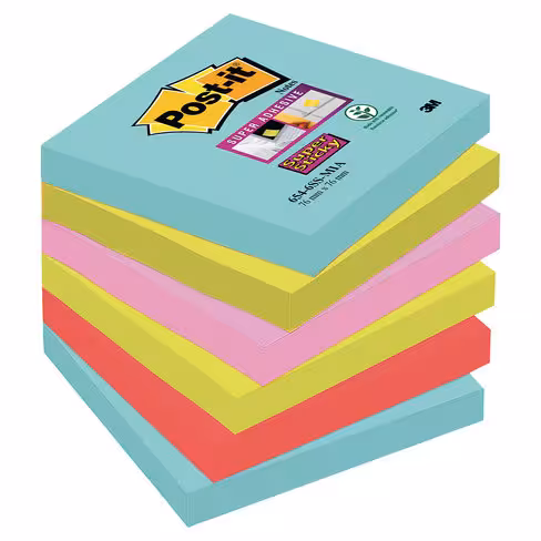 Notes Post-it - Super Sticky - 76 x 76 mm - Miami - 6 blocs x 90 feuilles