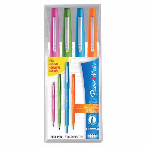 Feutre- Papermate - Flair Original - coloris fun - lot de 4 - pointe moyenne 0,7 mm - Rose, Vert, Bleu, Orange