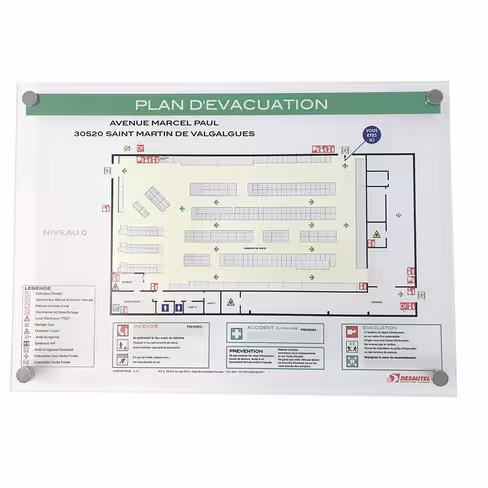 Plan d'évacuation - matière plexiglass - fond dépoli - format A3 - 4 perçages
